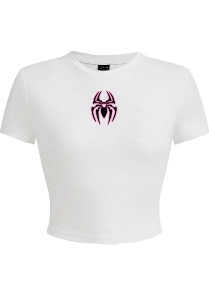 Spider Baskılı Beyaz Crop