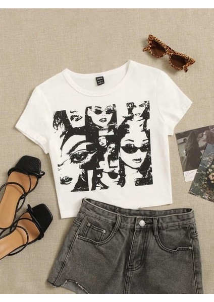 90S Figür Face Baskılı Beyaz Crop