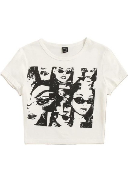 90S Figür Face Baskılı Beyaz Crop fiyatları