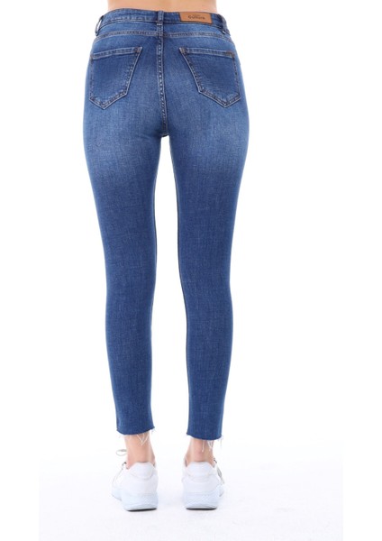 Cedy Denim Kadın Hafif Likralı Skinny Fit Paça Detaylı Pantalon Mariella Mavi