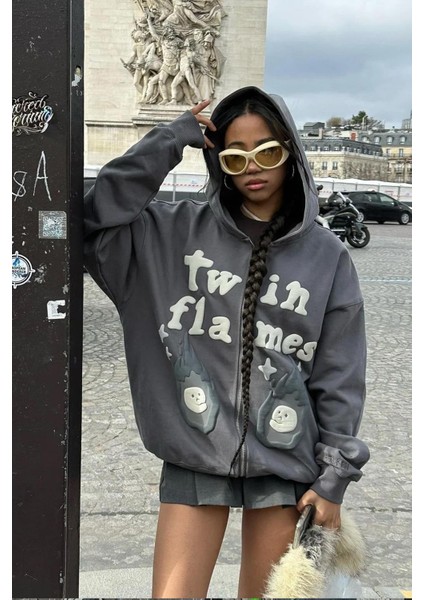 Unisex Twin Flames Fermuarlı Sweatshirt Antrasit