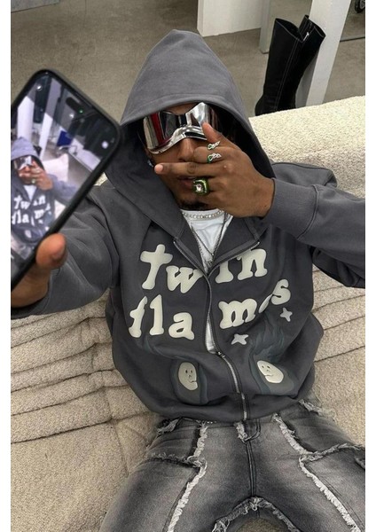Unisex Twin Flames Fermuarlı Sweatshirt Antrasit