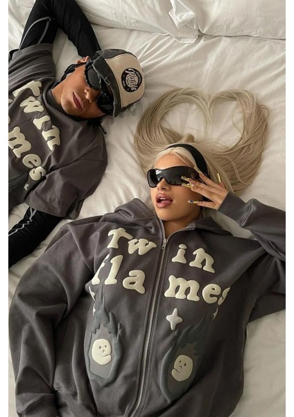 Unisex Twin Flames Fermuarlı Sweatshirt Antrasit