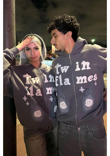 Unisex Twin Flames Fermuarlı Sweatshirt Antrasit