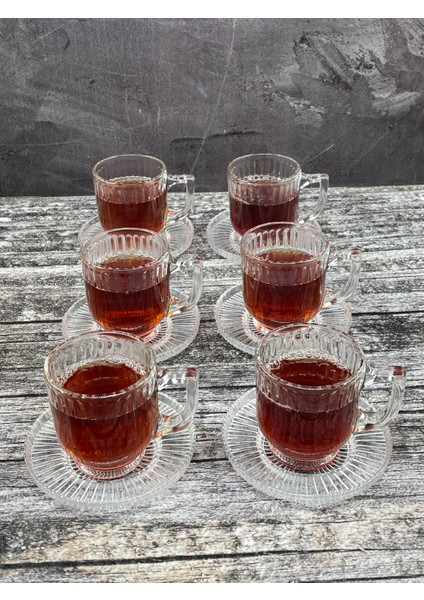 6 Kişilik 12 Parça Cam Çay Takımı Çay Bardağı ve Tabak Seti