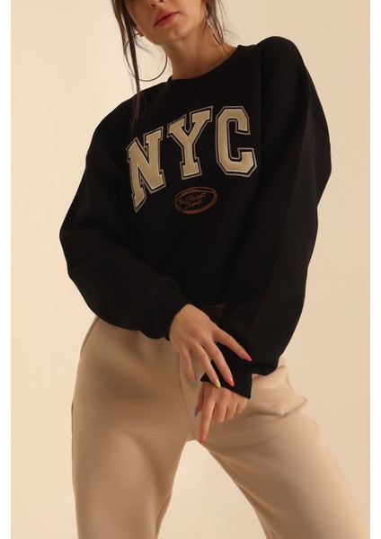 Hebb Club Siyah Nakışlı Nyc Yazılı Baskılı Kadın Şardonlu Sweat