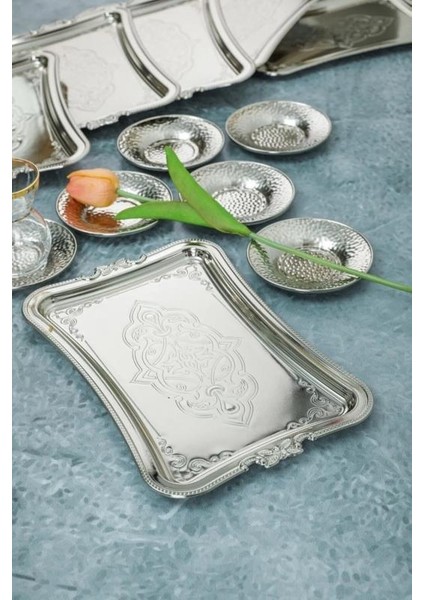 6 Adet Gümüş Renk Dekoratif Metal Sunum Tepisisi tek Kişilik Sunum Tepsisi 25 x 17 cm fiyatları