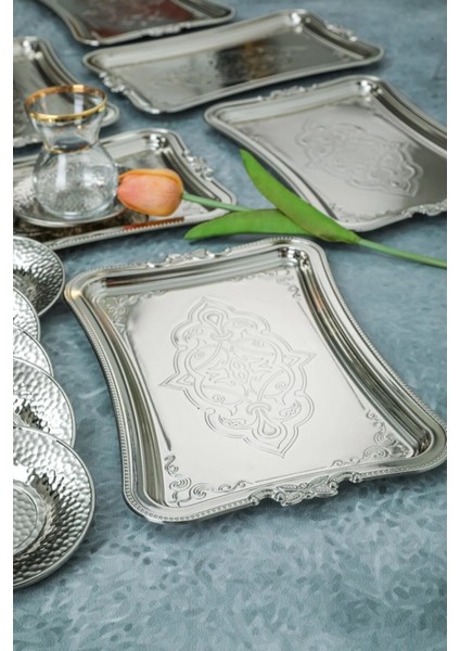 6 Adet Gümüş Renk Dekoratif Metal Sunum Tepisisi tek Kişilik Sunum Tepsisi 25 x 17 cm modelleri