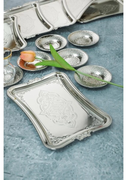 6 Adet Gümüş Renk Dekoratif Metal Sunum Tepisisi tek Kişilik Sunum Tepsisi 25 x 17 cm fırsatları