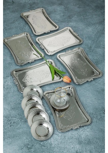6 Adet Gümüş Renk Dekoratif Metal Sunum Tepisisi tek Kişilik Sunum Tepsisi 25 x 17 cm indirimleri