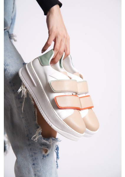 Kadın Sneaker Kalın Taban Cırtlı Spor Ayakkabı Bej