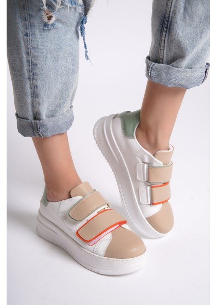 Kadın Sneaker Kalın Taban Cırtlı Spor Ayakkabı Bej