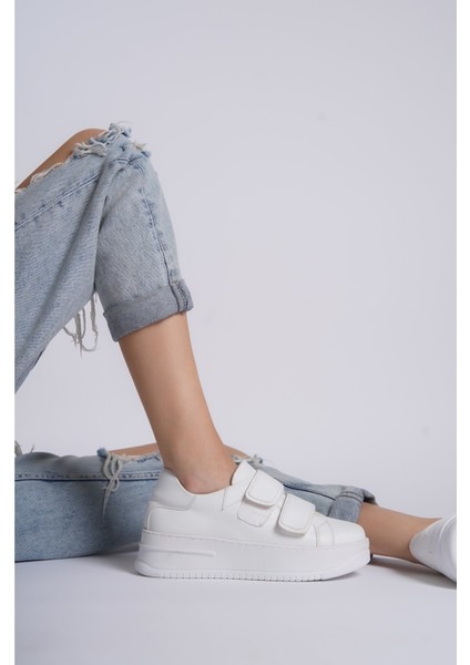 Kadın Sneaker Kalın Taban Cırtlı Spor Ayakkabı Bej