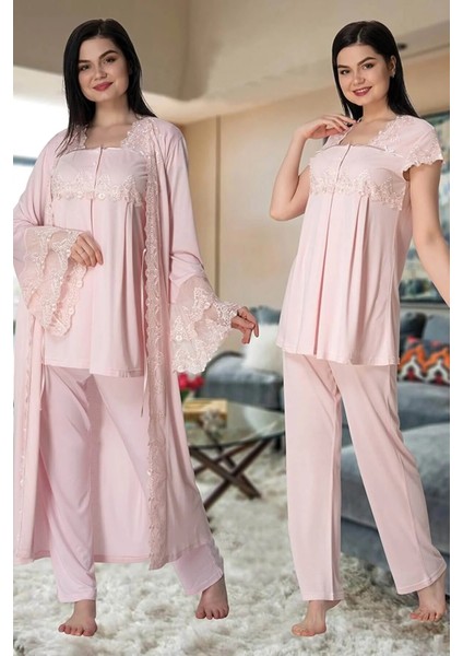 Dantelli Sabahlıklı Lohusa Pijama Takımı Pembe - 5011