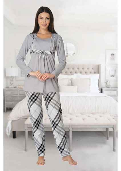 Ekose Desenli Fiyonk Detaylı Gri Lohusa Pijama Takımı - 8082