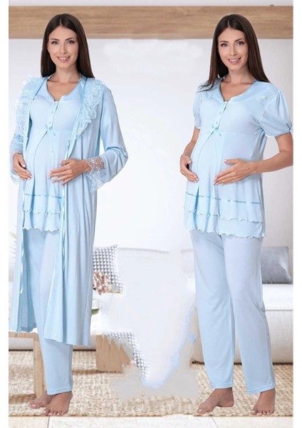 Lohusa Sabahlıklı Pijama Takımı Mavi - 8024
