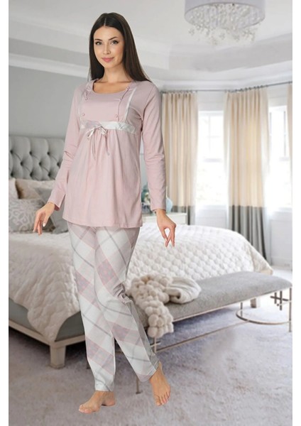 Ekose Desenli Fiyonk Detaylı Pembe Lohusa Pijama Takımı - 8082