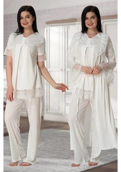 Dantelli Sabahlıklı Lohusa Pijama Takımı Ekru - 5044