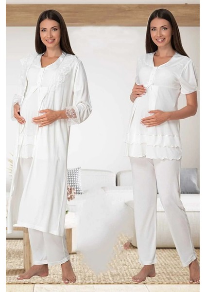 Lohusa Sabahlıklı Pijama Takımı Ekru - 8024