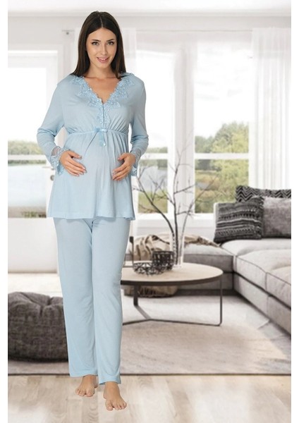 Effortt mavi Yakası Dantelli Lohusa Pijama Takımı - 8092