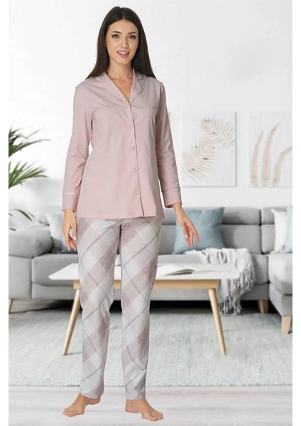 Lohusa Önden Düğmeli Pijama Takımı Pudra - 8072