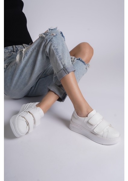 Kadın Sneaker Kalın Taban Cırtlı Spor Ayakkabı Bej