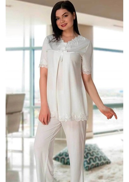 Dantel Yakalı Lohusa Pijama Takımı Ekru - 5032