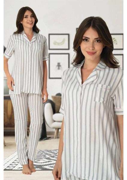Lohusa Çizgili Pijama Takımı Gri - 8065