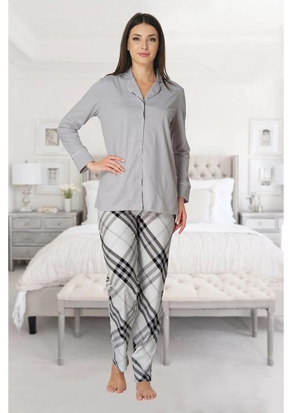 Lohusa Önden Düğmeli Pijama Takımı Gri - 8072