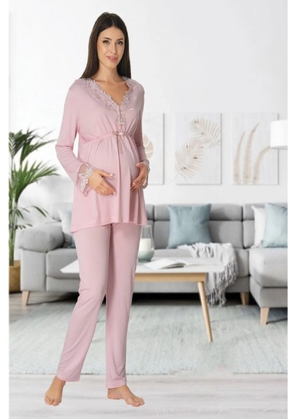 Effortt pembe Yakası Dantelli Lohusa Pijama Takımı - 8092