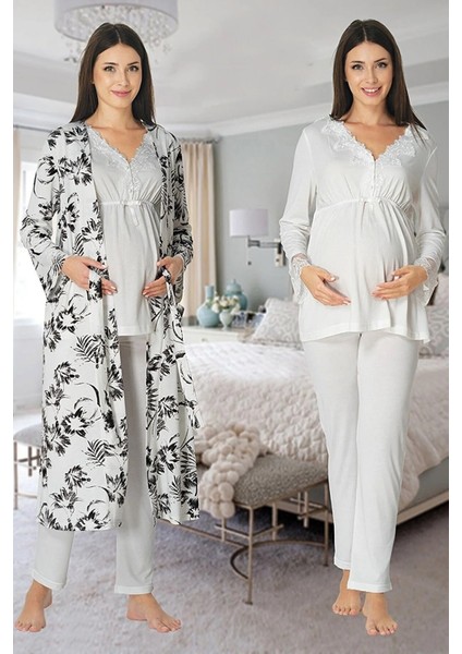 Lohusa Sabahlıklı Pijama Takımı Ekru - 8094