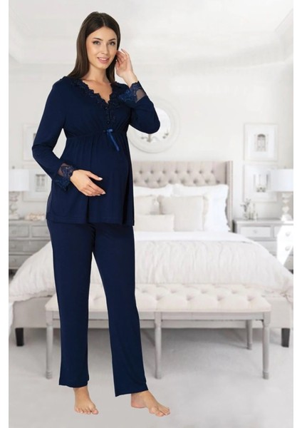 Effortt lacivert Yakası Dantelli Lohusa Pijama Takımı - 8092
