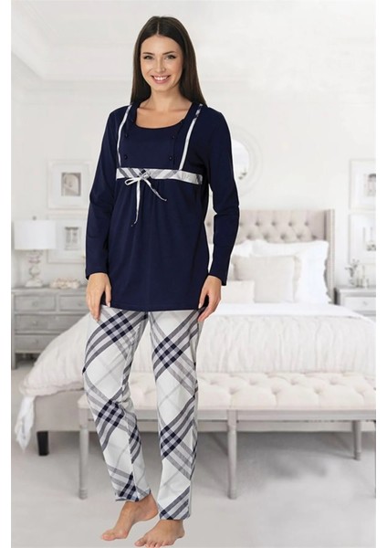 Ekose Desenli Fiyonk Detaylı Lacivert Lohusa Pijama Takımı - 8082