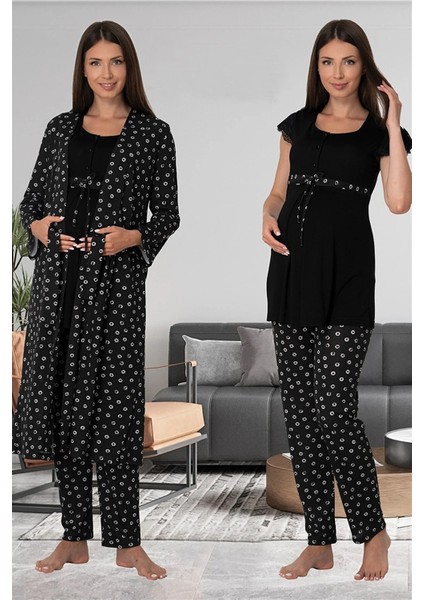 Lohusa Sabahlıklı Pijama Takımı Siyah - 6014