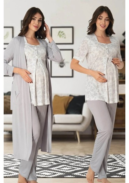 Lohusa Sabahlıklı Pijama Takımı Gri - 8014