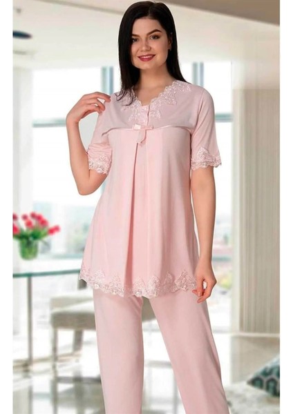 Dantel Yakalı Lohusa Pijama Takımı Pembe - 5032