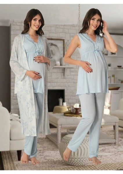 Lohusa Sabahlıklı Pijama Takımı Mavi - 8034