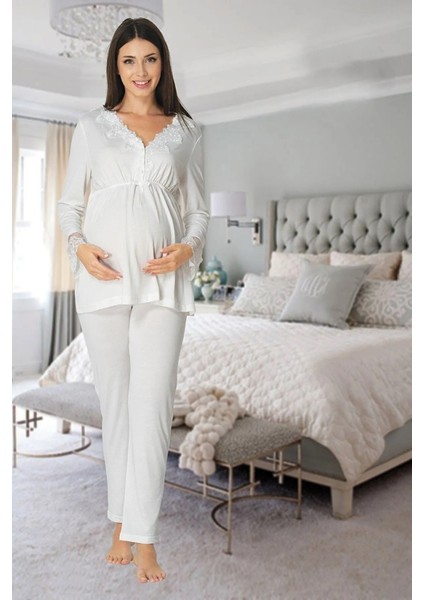 Effortt ekru Yakası Dantelli Lohusa Pijama Takımı - 8092