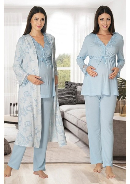 Lohusa Sabahlıklı Pijama Takımı Mavi - 8094