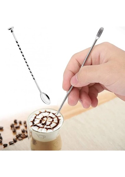 Latte Yapım Seti Latte Art Çubuğu Kalemi + Latte Kaşığı Tokmaklı Espresso Kahve Tasarım Seti