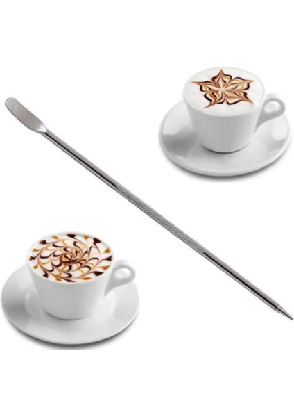 Latte Yapım Seti Latte Art Çubuğu Kalemi + Latte Kaşığı Tokmaklı Espresso Kahve Tasarım Seti