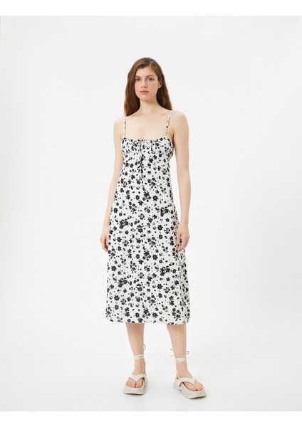 Uzun Elbise Çiçekli Ince Askılı Bağlama Detaylı modelleri