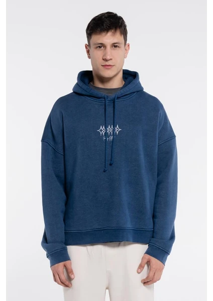 Friday Offset Velo Erkek Mavi Kapüşonlu Ekstra Oversize Sweatshirt Hoodie - Yıkama Efektli 3 Iplik Kumaş