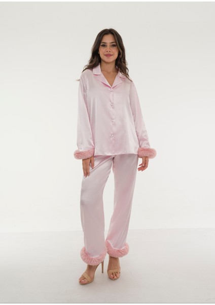 Pembe Saten Suni Kürk Detaylı Alt – Üst Pijama Takım modelleri