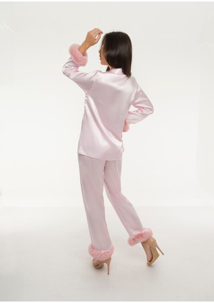 Pembe Saten Suni Kürk Detaylı Alt – Üst Pijama Takım fırsatları