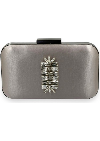 Biçanta Vizon Renk Saten Oval Gümüş Metal Kasalı Swarovski Kristal Taşlı Kadın Abiye Çanta Gece Çantası Portföy Clutch Düğün Nişan Kına Gelin Çantası