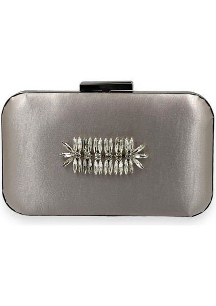 Biçanta Vizon Renk Saten Oval Gümüş Metal Kasalı Swarovski Kristal Taşlı Kadın Abiye Çanta Gece Çantası Portföy Clutch Düğün Nişan Kına Gelin Çantası