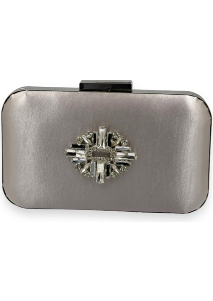 Biçanta Vizon Renk Saten Oval Gümüş Metal Kasalı Swarovski Kristal Taşlı Kadın Abiye Çanta Gece Çantası Portföy Clutch Düğün Nişan Kına Gelin Çantası