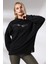 Nakışlı Yırtmaçlı Uzun Sweatshirt 21173 Siyah 2