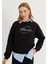 Kadın Siyah Nakış Baskılı Oversize Kısa Sweatshirt 2